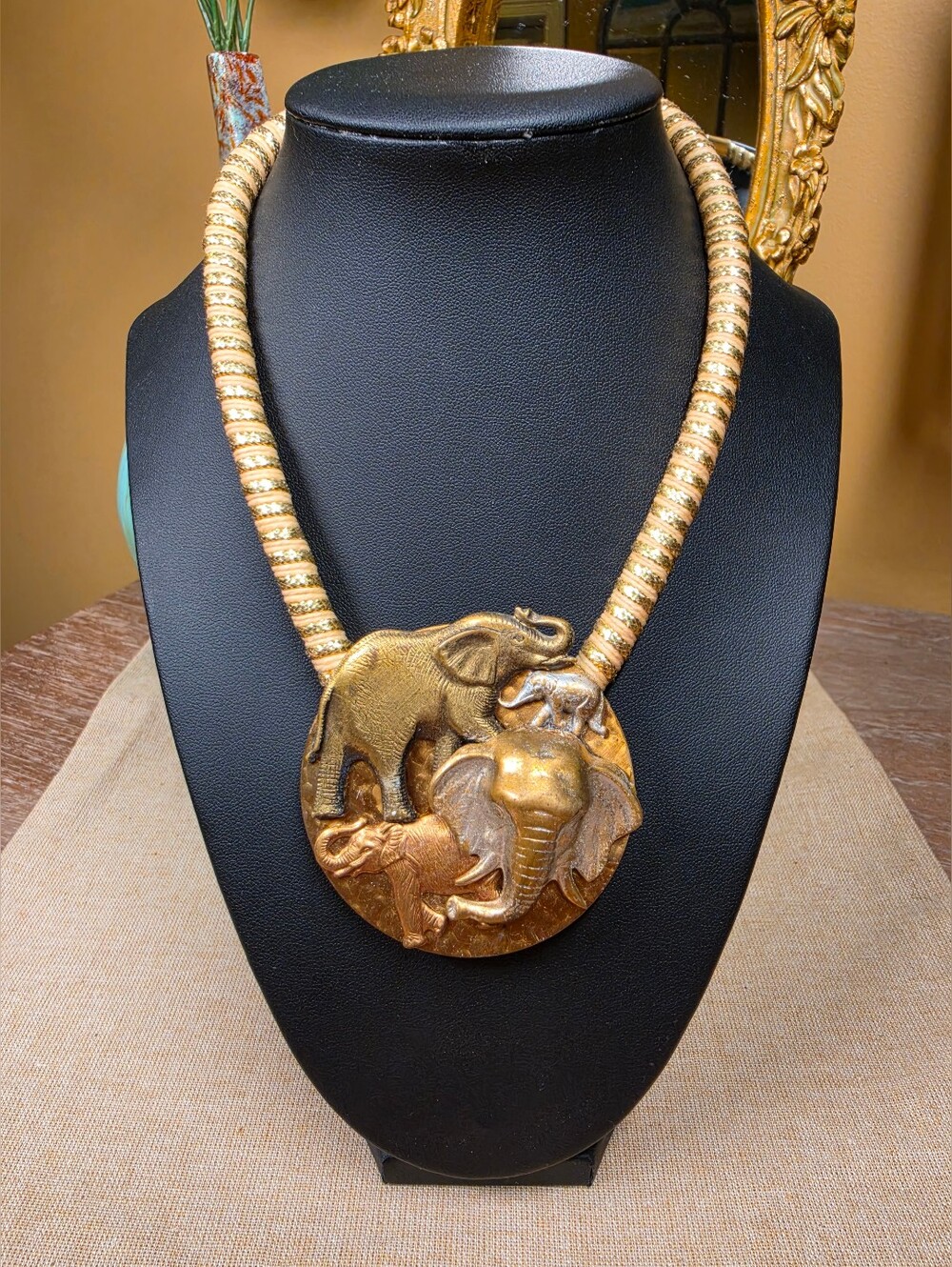 Hand Crafted Gold, Silver & Bronze-Tone Elephant Pendant Necklace (Adjustable)